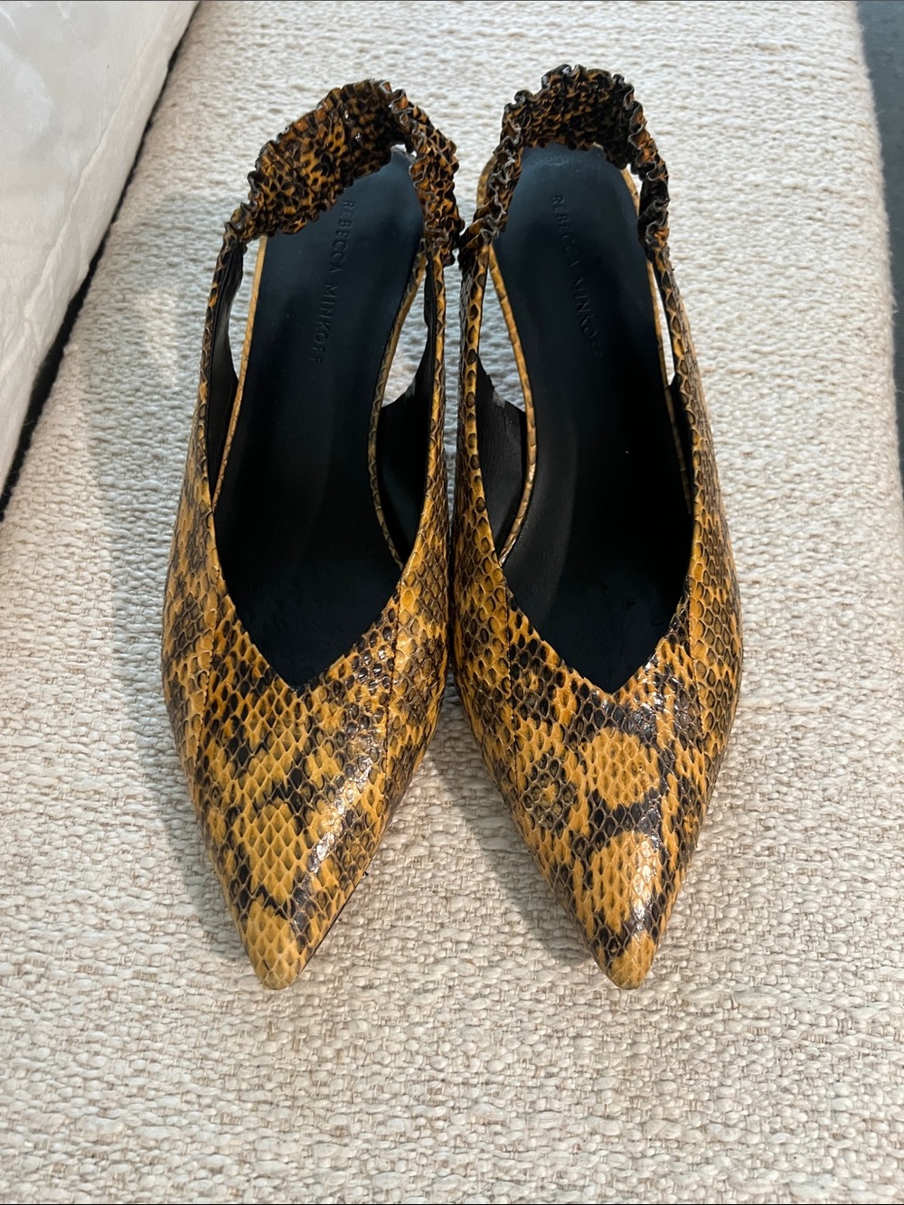 Rebecca Minkoff Yellow/Black Snake-Print Slingback Pointed Pumps